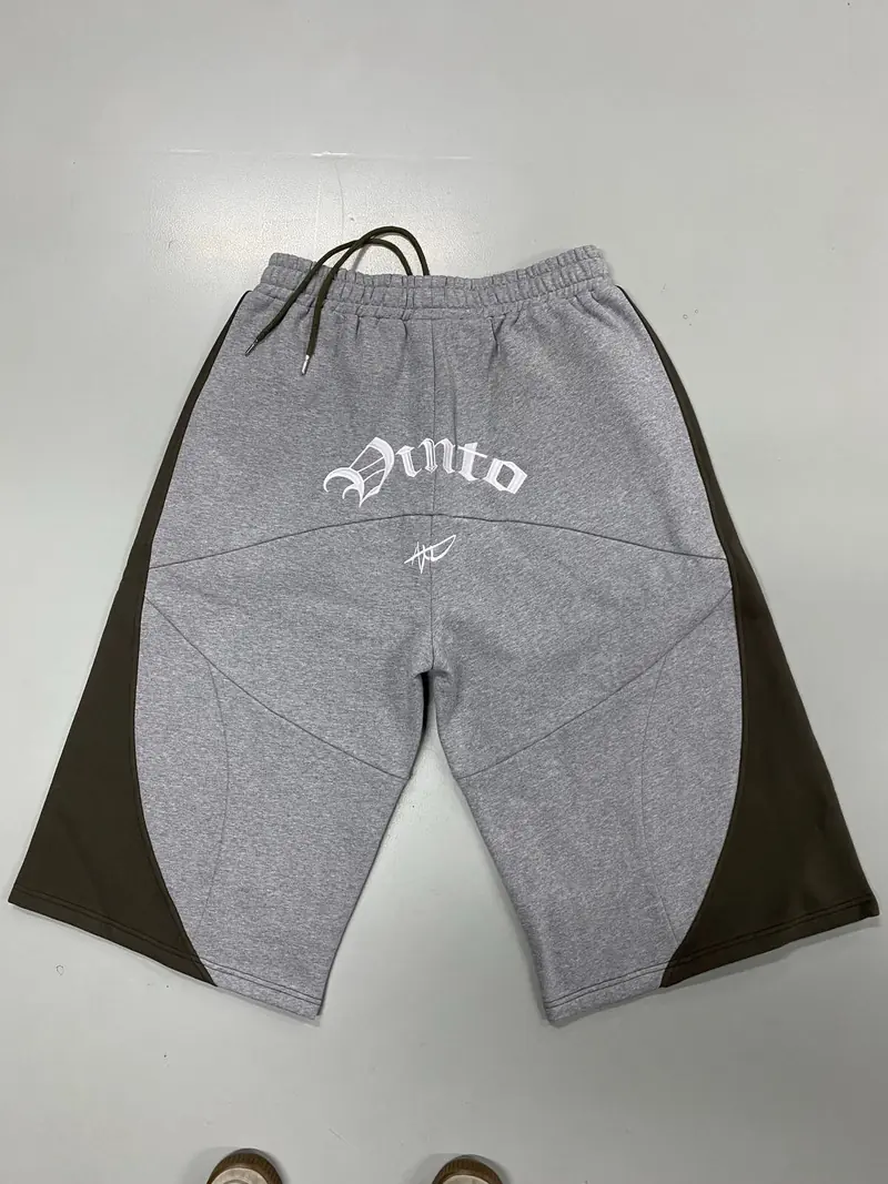 VINTO grey and brown panelled jorts, back view