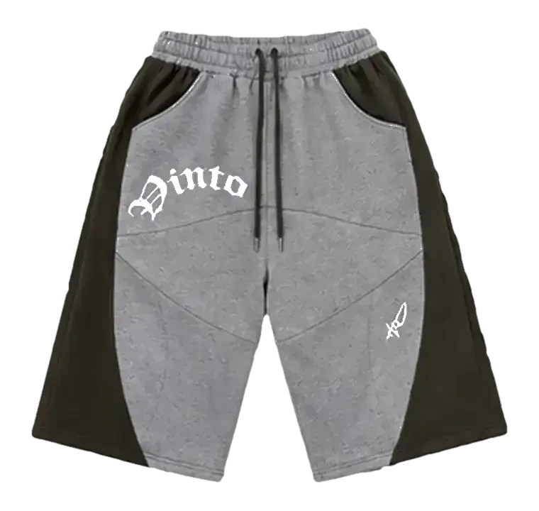 VINTO grey and olive wide-leg jorts, front view